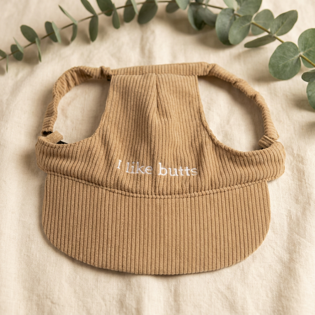 Just Woofin' khaki tan corduroy dog hat on cream linen with eucalyptus