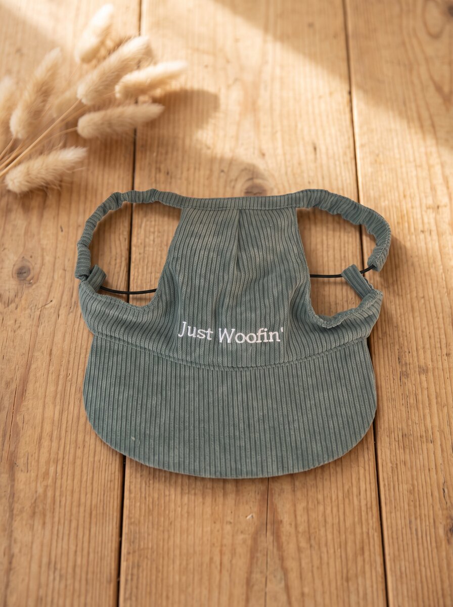 Just Woofin' sage green corduroy dog hat on cream linen with eucalyptus